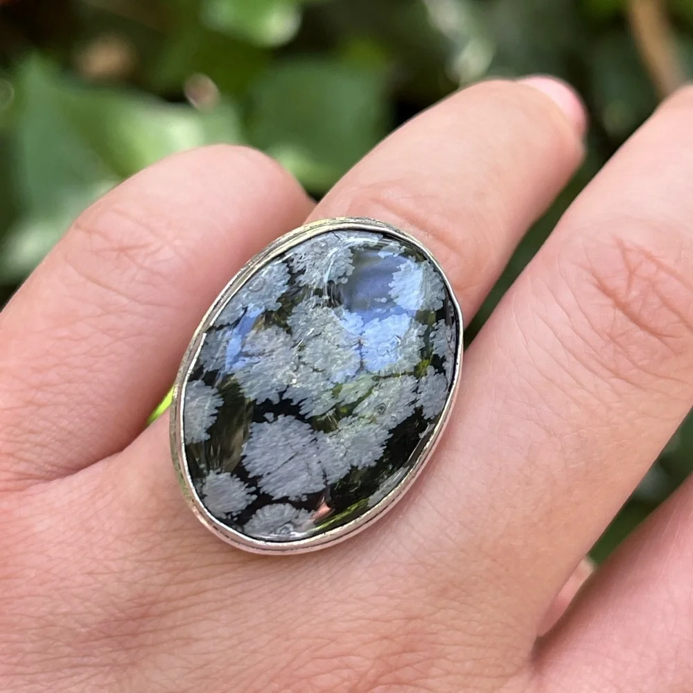 Size 6.75 925 silver plated snow flake obsidian ring‎